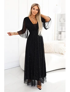 654-5 Dlhé lesklé plus size šaty s výstrihom a priehľadnými rukávmi - čierne