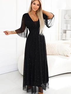 Dlouhé lesklé plus size šaty s výstřihem a rukávy černé model 22200156 - numoco basic