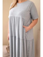 Dámské bavlněné šaty Plus Size s krátkým rukávem a volánem šedý melír