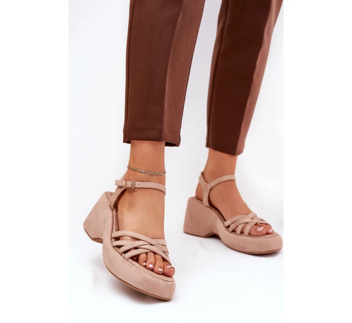 Sandały Na Platformie I Koturnie Z Eko Zamszu Beżowe Nendal Sandały Na Platformie I Koturnie Z Eko Zamszu Beżowe Nendal