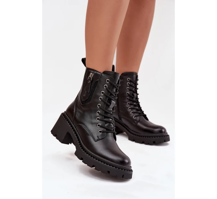 Skórzane Botki Damskie Na Klocku Ocieplane Vinceza 86418 Czarne