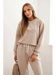 Dámska súprava z viskózy s ozdobným motívom a nohavicami béžová