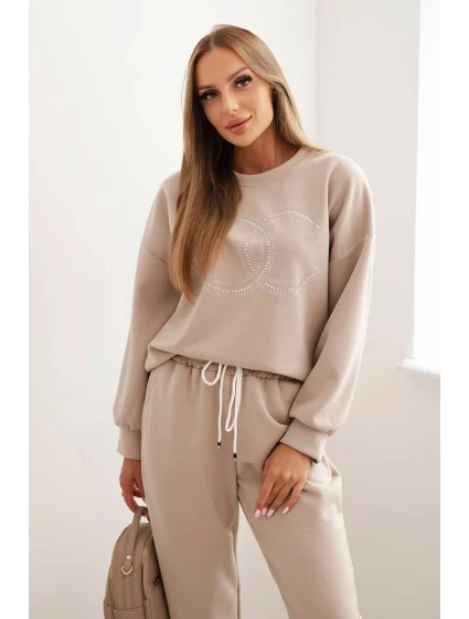 Dámska súprava z viskózy s ozdobným motívom a nohavicami béžová Dámska súprava z viskózy s ozdobným motívom a nohavicami béžová