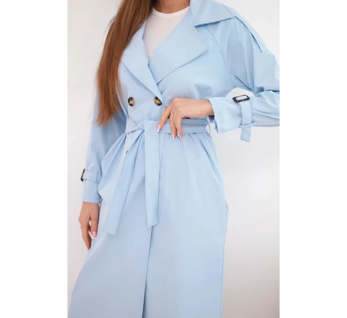Dámsky kabát do pása s golierom modrý