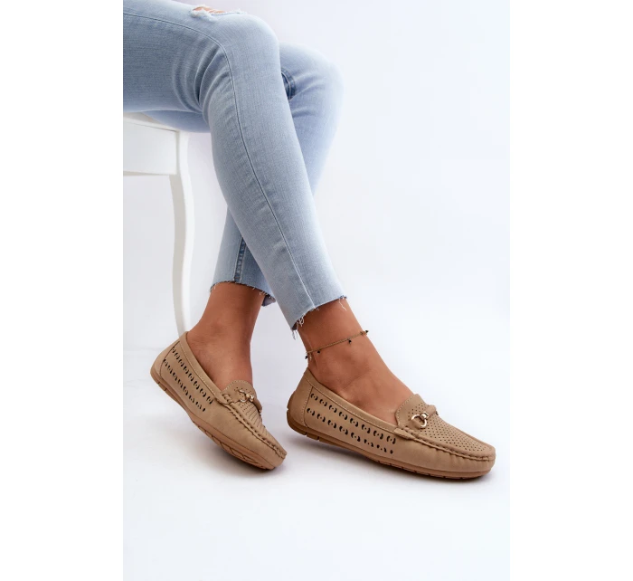 Mokasyny Damskie Ażurowe Z Ozdobą Brązowe Kaydance