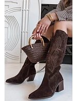 Semišové Kožené Kozačky Kovářky Na Podpatku Zazoo 3152 Čokoládové