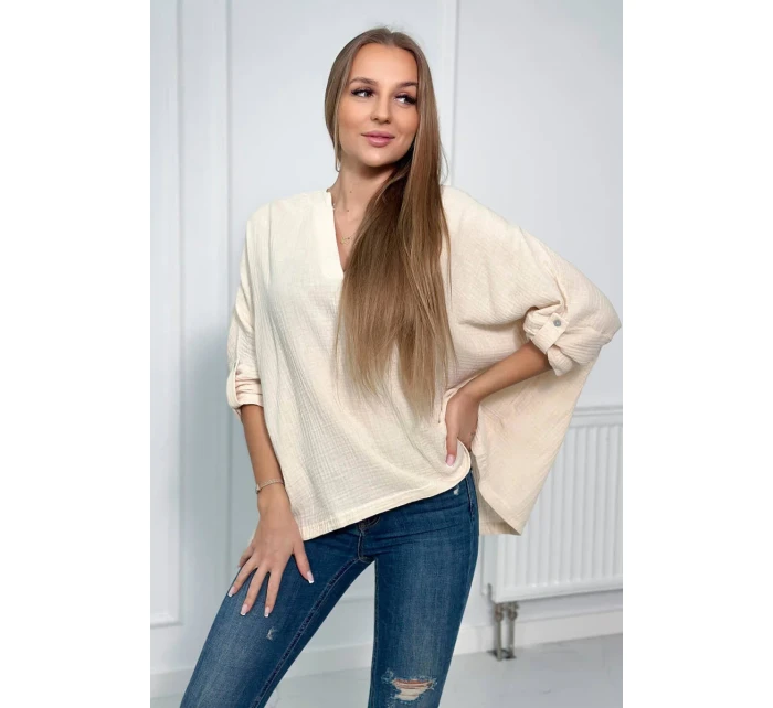 Mušelínová blúzka s vyhrnutými rukávmi svetlo béžová