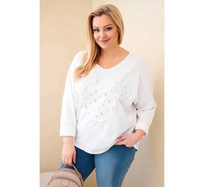 Dámská bavlněná blůza Plus Size s výstřihem do V bílá