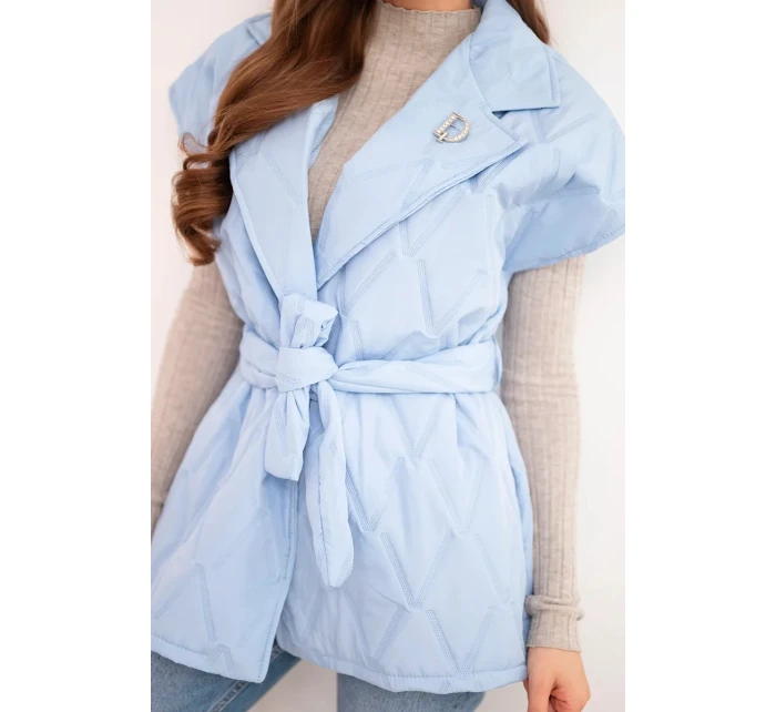 Dámská prošívaná vesta s páskem a širokým límcem modrá