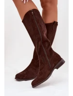 Dámské kozačky s krajkovým vzorem na nízkém podpatku model 22031871 Čokoládové - S.Barski