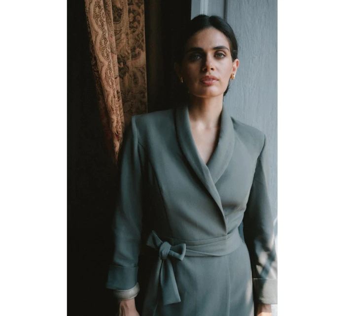 S415 Košeľové šaty viazané v páse - khaki