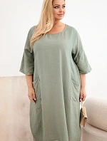 Dámske plus size viskózové šaty s vreckami a krátkymi rukávmi khaki