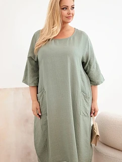 Dámské plus size viskózové šaty s kapsami a krátkým rukávem khaki
