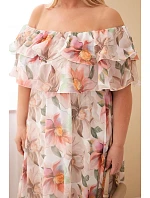 Dámske plus size maxi šaty s volánom na ramenách a elastickým pásom béžovej farby