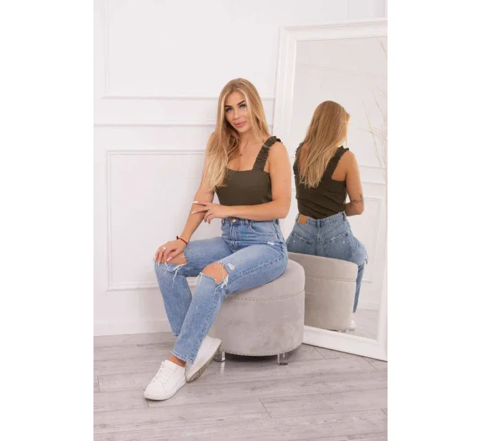 Blúzka s nariasenými ramienkami vo farbe khaki