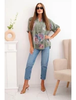 Dámska bavlnená blúzka s kvetinovým vzorom khaki Dámska bavlnená blúzka s kvetinovým vzorom khaki