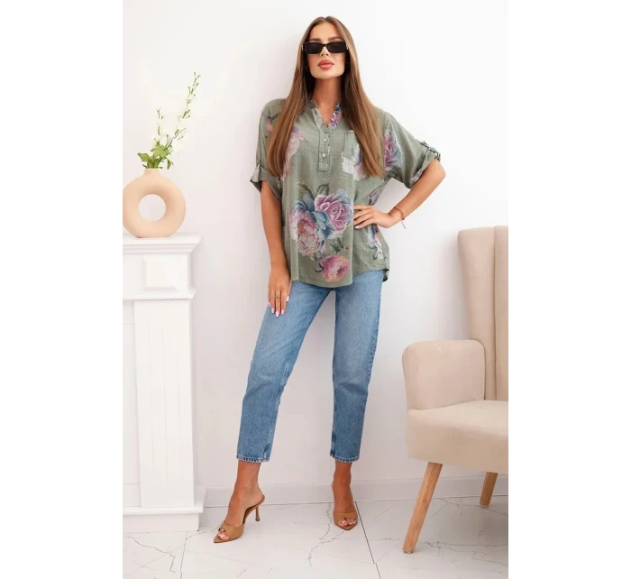 Dámska bavlnená blúzka s kvetinovým vzorom khaki Dámska bavlnená blúzka s kvetinovým vzorom khaki