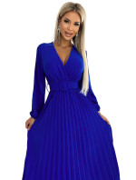 VIVIANA - Plisované dámske midi šaty v nevädzovej farbe s výstrihom, dlhými rukávmi a širokým opaskom 504-1