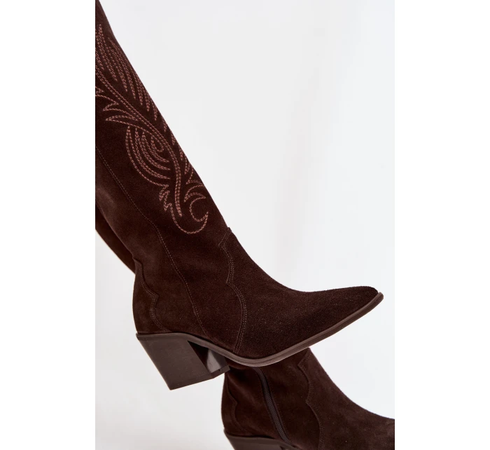 Semišové Kožené Kozačky Kovářky Na Podpatku Zazoo 3152 Čokoládové