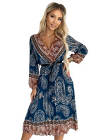 Plisované dámske midi šaty s výstrihom, dlhými rukávmi, čiernym opaskom a so svetlo modro-hnedým vzorom 510-1