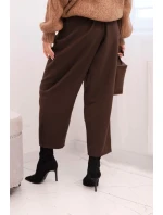 Dámské kalhoty s vysokým pasem a záhyby hnědé