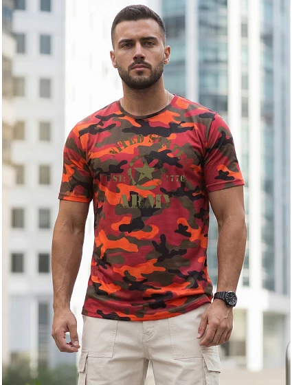 Pánske tričko s potlačou v kamuflážovom vzore, oranžové, FashionStreet NX2002R