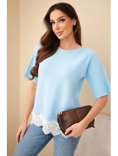 Dámsky sveter s krátkym rukávom a čipkou modrý
