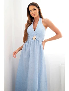 Dámske viskózové maxi šaty viazané za krkom s ozdobnou sponou modré