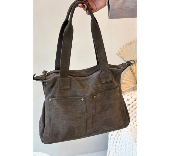 Kožená Semišová Kabelka S Kapsami Hnědá Zephina