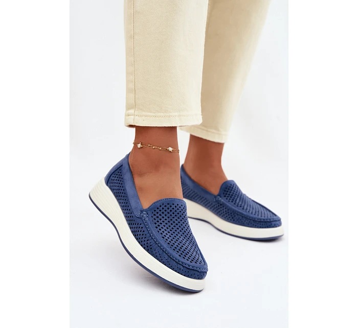 Dámské perforované mokasiny model 22069480 modré - SERGIO LEONE Dámské perforované mokasiny model 22069480 modré - SERGIO LEONE