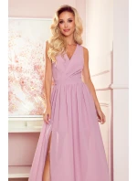 JUSTINE - Dlhé dámske šaty v púdrovo ružovej farbe s výstrihom a zaväzovaním 362-3