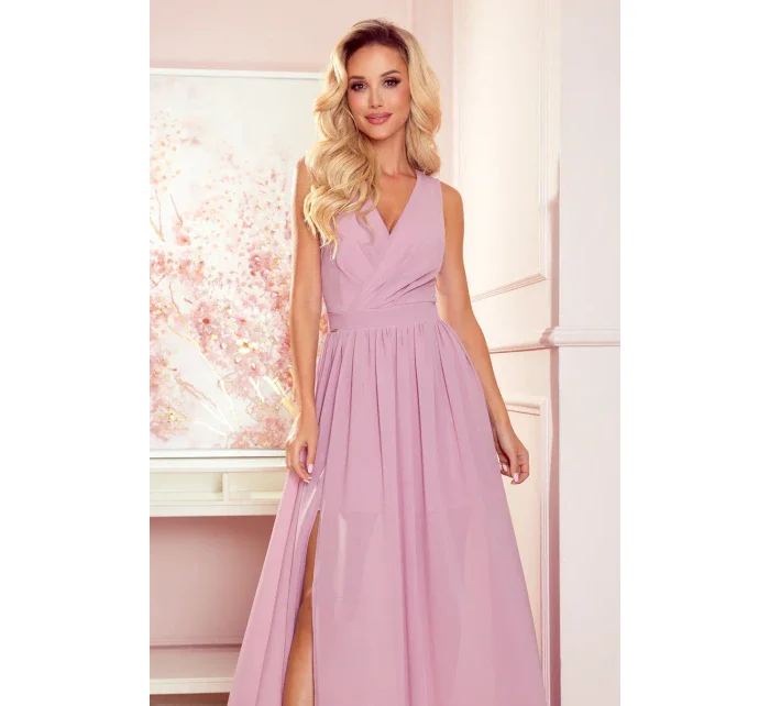 JUSTINE - Dlhé dámske šaty v púdrovo ružovej farbe s výstrihom a zaväzovaním 362-3