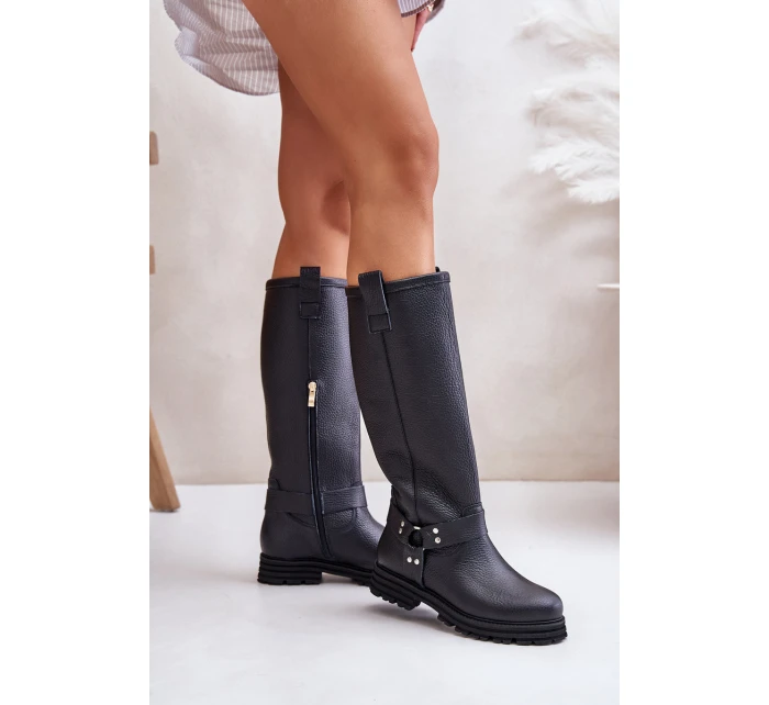 Skórzane Kozaki Damskie Przed Kolano Lewski 3615 Czarne