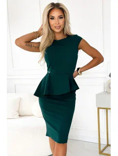 192-16 Elegantné midi šaty s kosticami a krátkymi rukávmi - BOTTLE GREEN