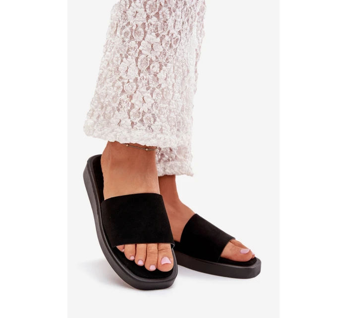 Klapki Damskie Na Platformie Z Eko Zamszu Czarne Jorina Klapki Damskie Na Platformie Z Eko Zamszu Czarne Jorina