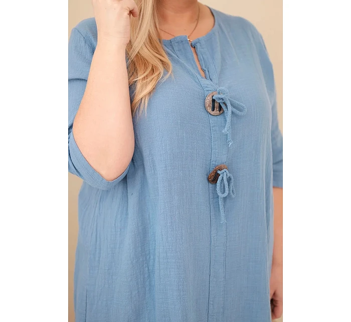 Dámské bavlněné šaty Plus Size s vázáním u výstřihu džínové