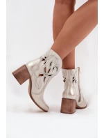 Botki Damskie Ażurowe Z Naturalnej Skóry Na Słupku Zazoo 3690 Złoty Przecierany