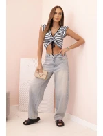 Dámska pruhovaná blúzka s volánom a volánom granátová