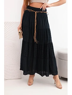 Dámska bavlnená maxi sukňa s ažurovou výšivkou a elastickým pásom čierna