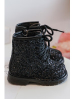 Detské trblietavé zateplené členkové topánky so zipsom, čierne Saussa