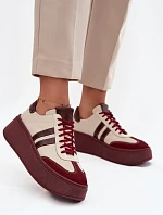 Skórzane Sneakersy Damskie Na Platformie Zazoo 3775 Beżowo-Bordowe