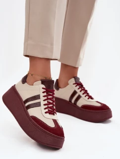 Skórzane Sneakersy Damskie Na Platformie Zazoo 3775 Beżowo-Bordowe