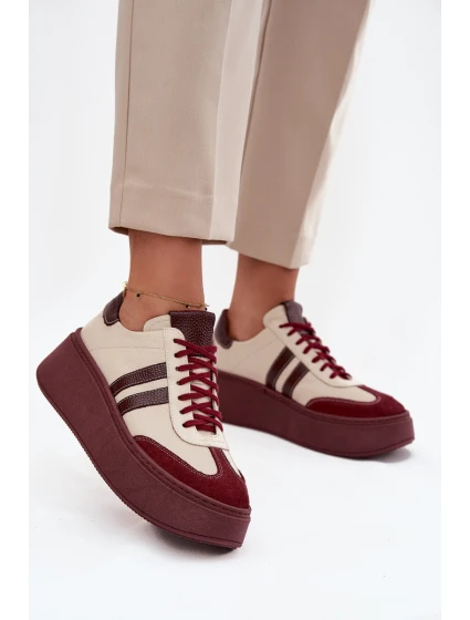 Skórzane Sneakersy Damskie Na Platformie Zazoo 3775 Beżowo-Bordowe