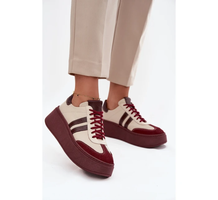 Skórzane Sneakersy Damskie Na Platformie Zazoo 3775 Beżowo-Bordowe