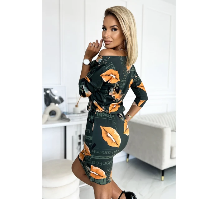 13-165 Športové šaty s vreckami - zelené + oranžové pery