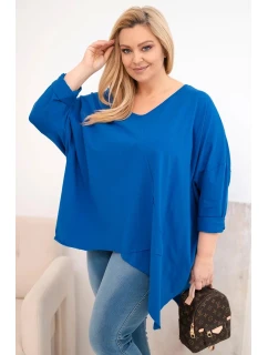 Dámská bavlněná blůza Plus Size s asymetrickým lemem a výstřihem do V chabrová