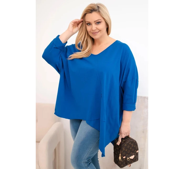 Dámská bavlněná blůza Plus Size s asymetrickým lemem a výstřihem do V chabrová