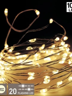 DRÔTENÉ SVETLÁ BATÉRIOVÉ GIRLANDY 100 LED TEPLÁ BIELA BLESK