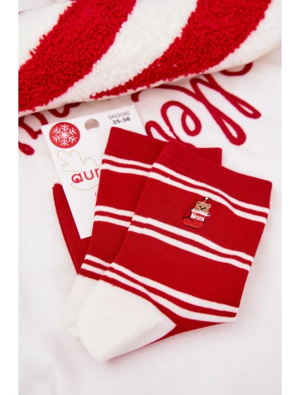 Dámské Vánoční Ponožky Pruhy A Medvěd Červené
