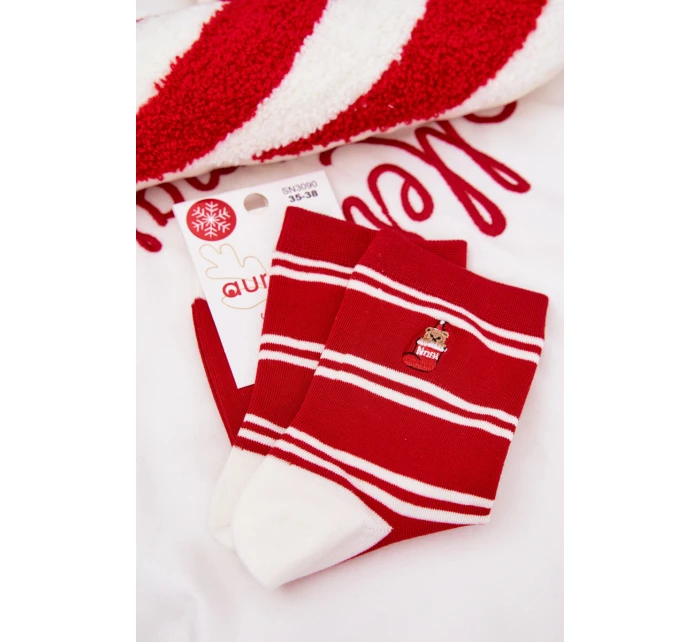 Dámské Vánoční Ponožky Pruhy A Medvěd Červené